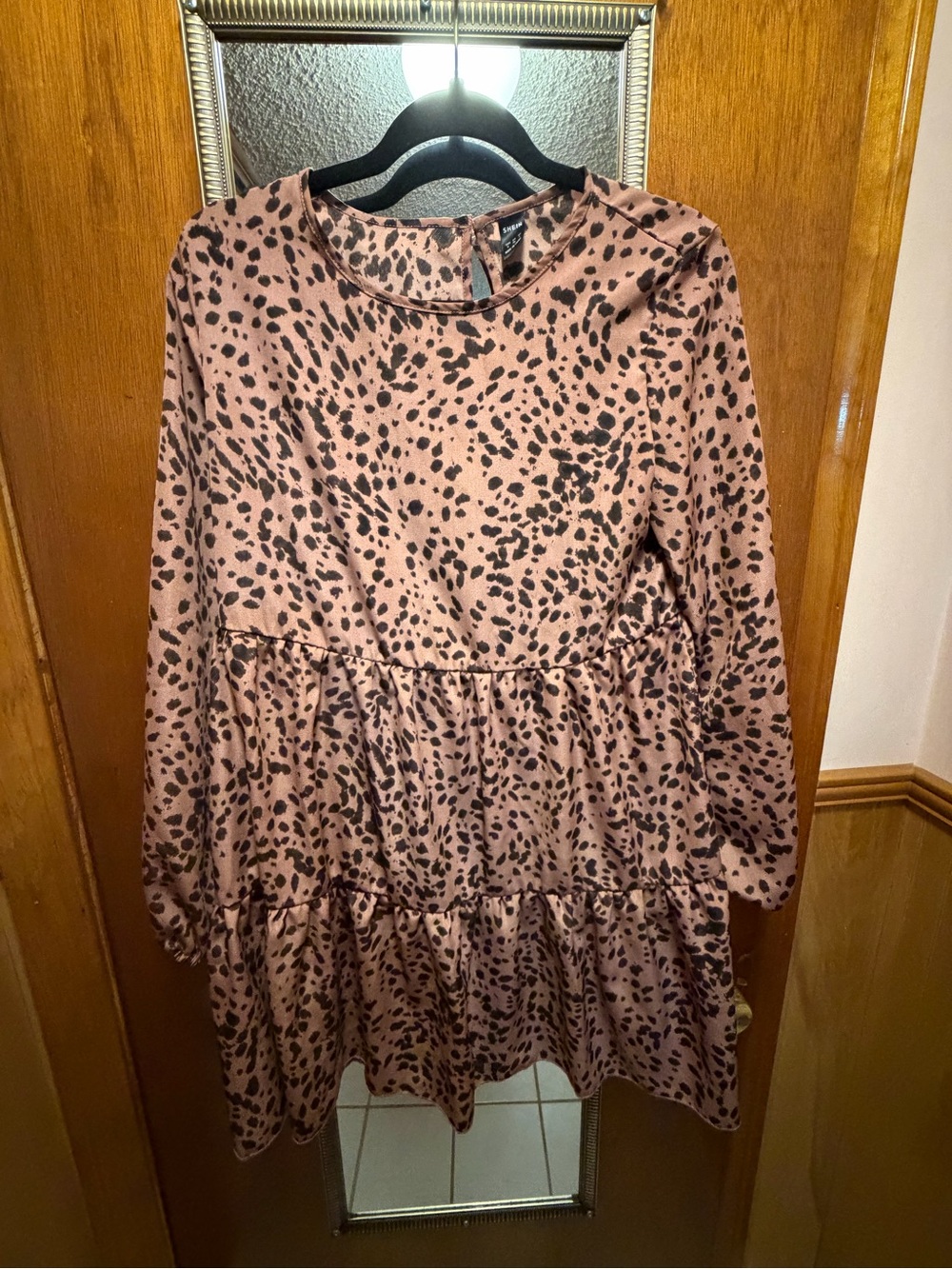 SHEIN Pink and Black Leopard Print Tiered Dress